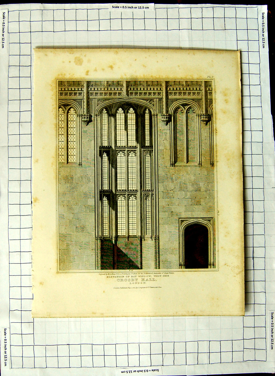 Original Old Antique Print 1814 Bay Window Crosby Hall London Keux Falmer 19th