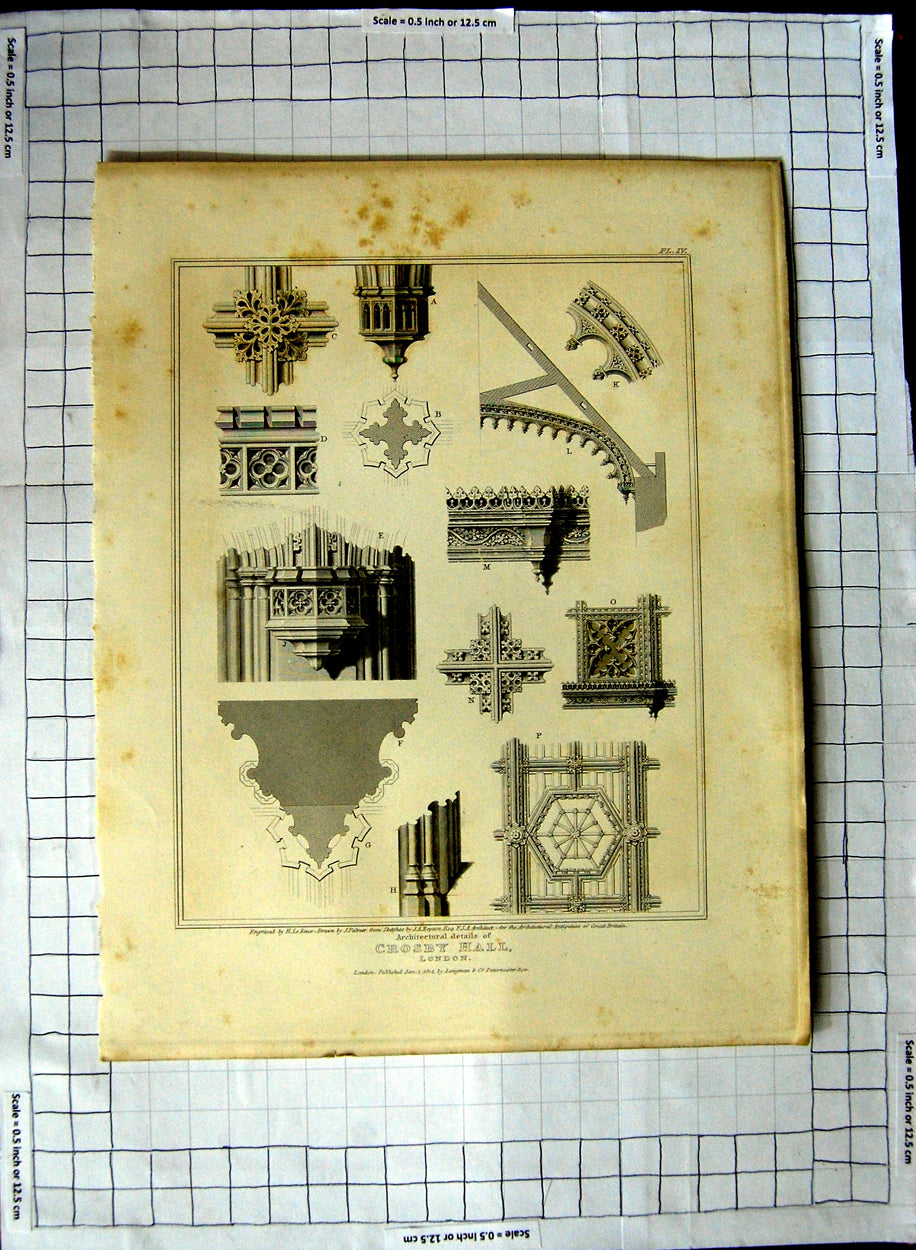 Old Antique Print Ref.381 1814 Architecture Cros Hall London Keux Repton