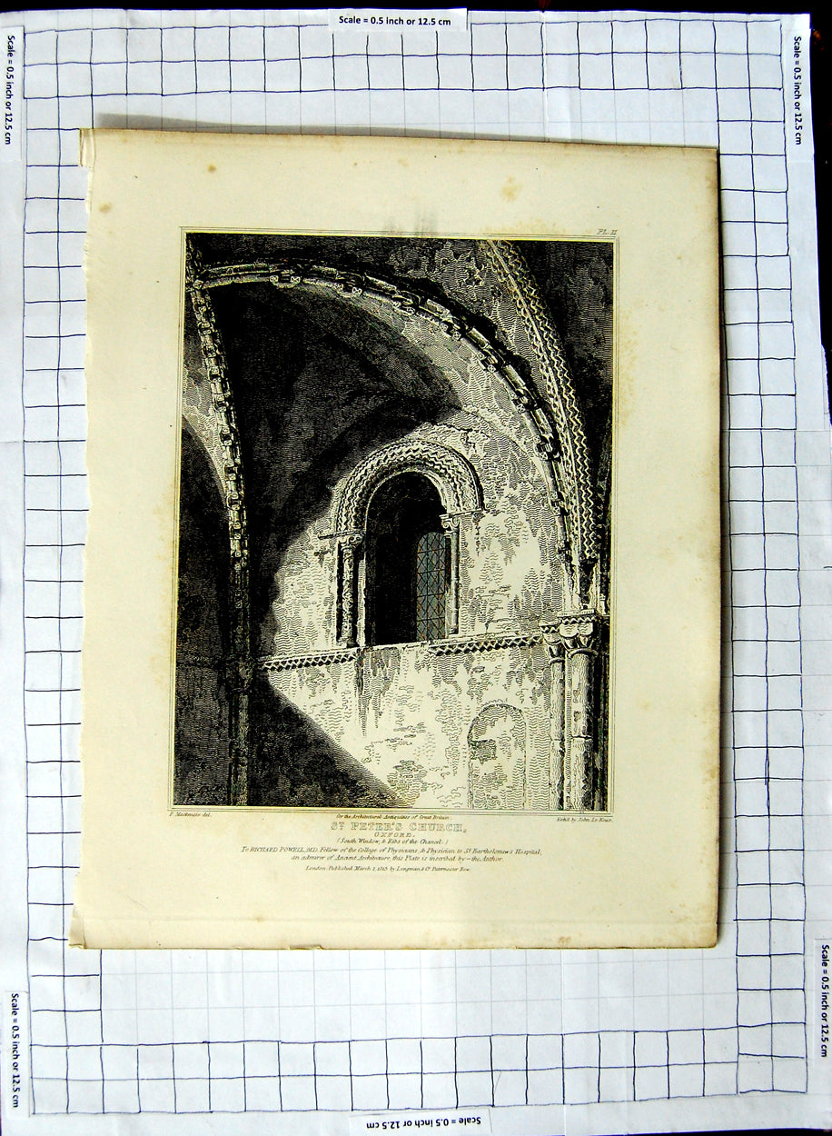 Original Old Antique Print 1813 Window St. Peter'S Church Oxford Mackenzie Keux