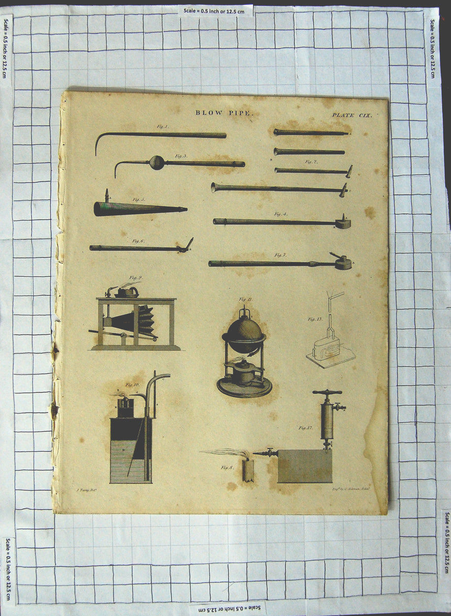 Original Old Antique Print Blow Pipe Instruments Machinery Farey Aikman