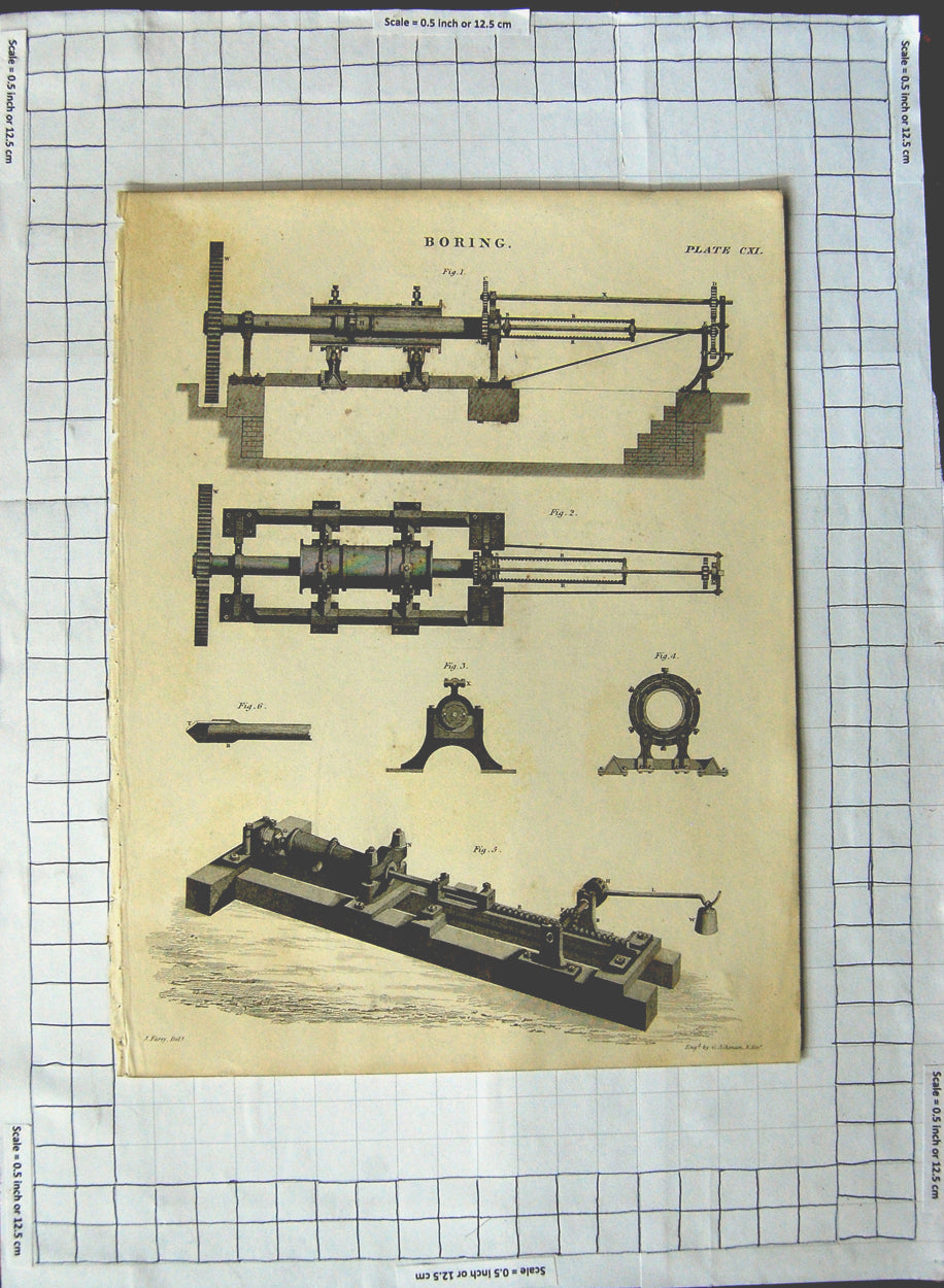 Original Old Antique Print Boring Machinery Instruments Farey Aikman