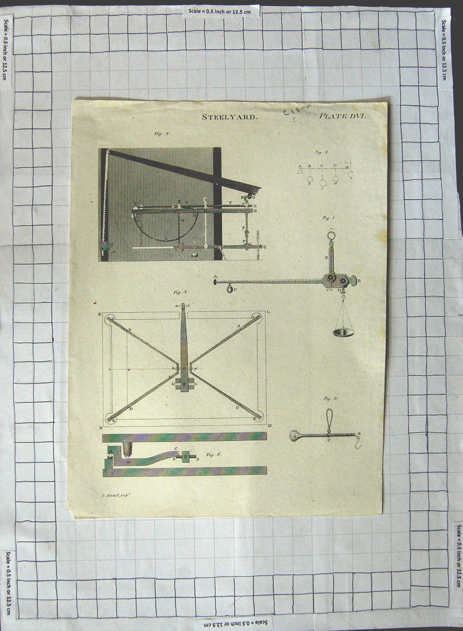 Original Old Antique Print Steelyard Instruments Diagrams Shapes