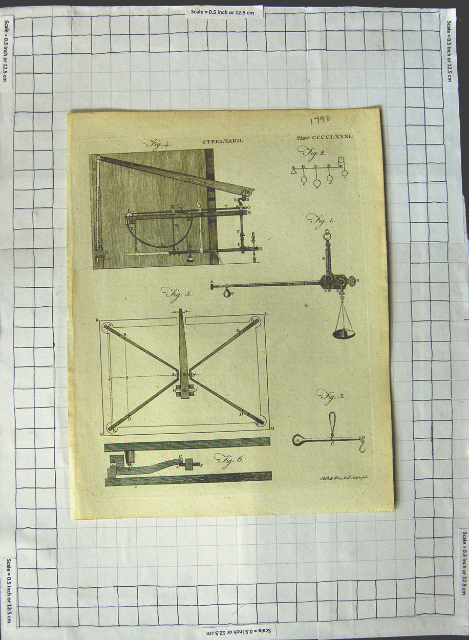 Original Old Antique Print 1790 Steelyard Instruments Drawings 18th Century