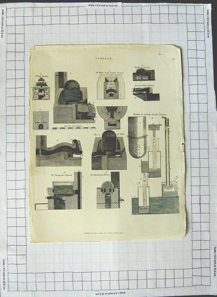 Original Old Antique Print 1809 Furnace Watt Steam Engine Thompson Machinery