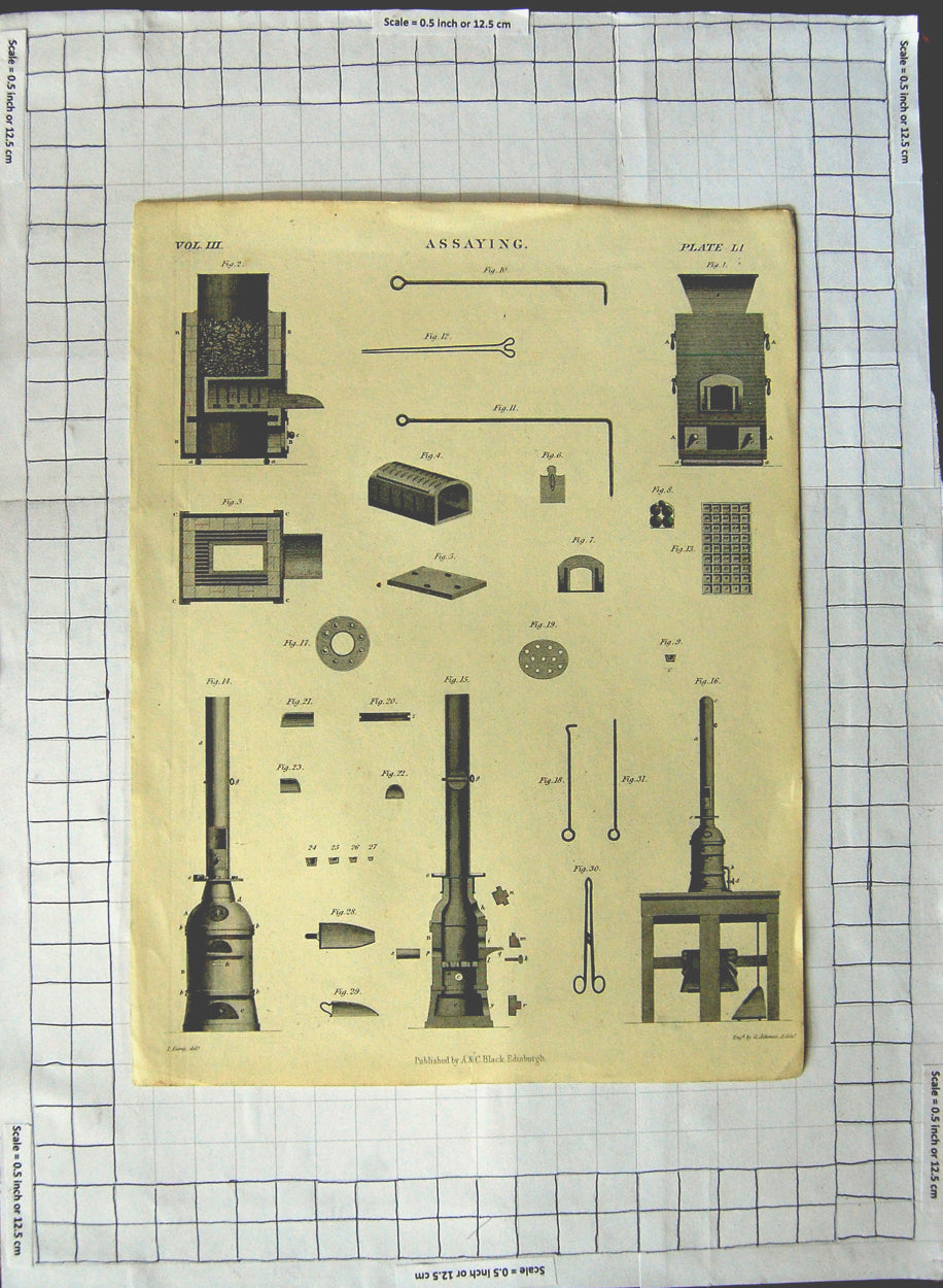 Original Old Antique Print Assaying Instruments Biology Black Edinburgh