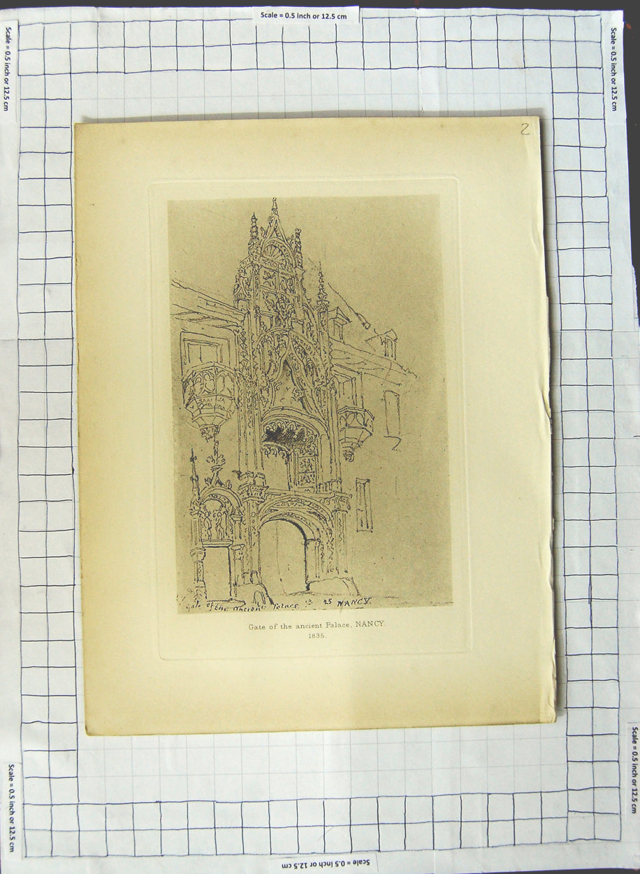 Original Old Antique Print 1835 Sketch Gate The Ancient Palace Nancy 19th