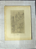 Original Old Antique Print 1835 Scene Rouen Street Buildings Sketch 19th