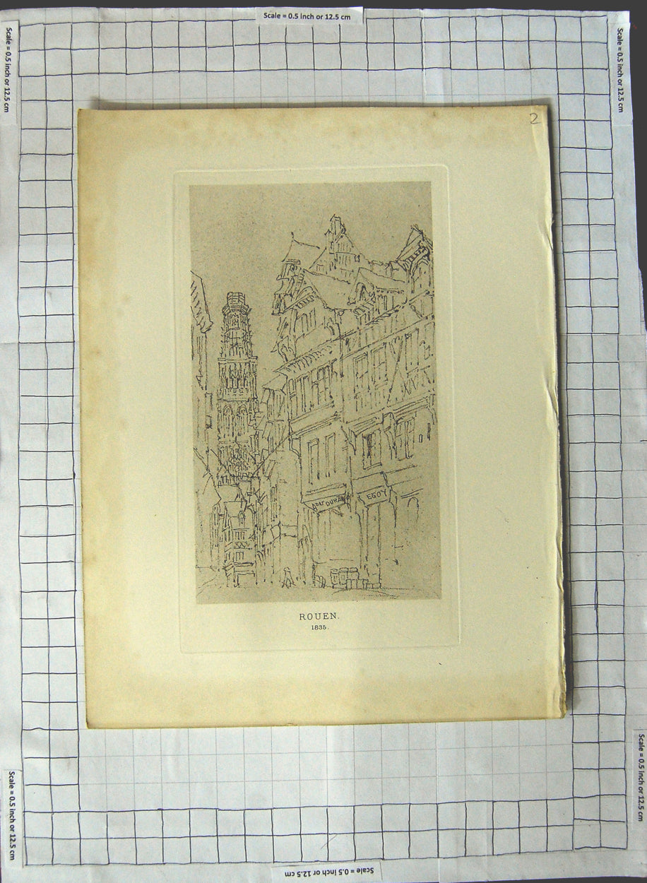 Original Old Antique Print 1835 Scene Rouen Street Buildings Sketch 19th