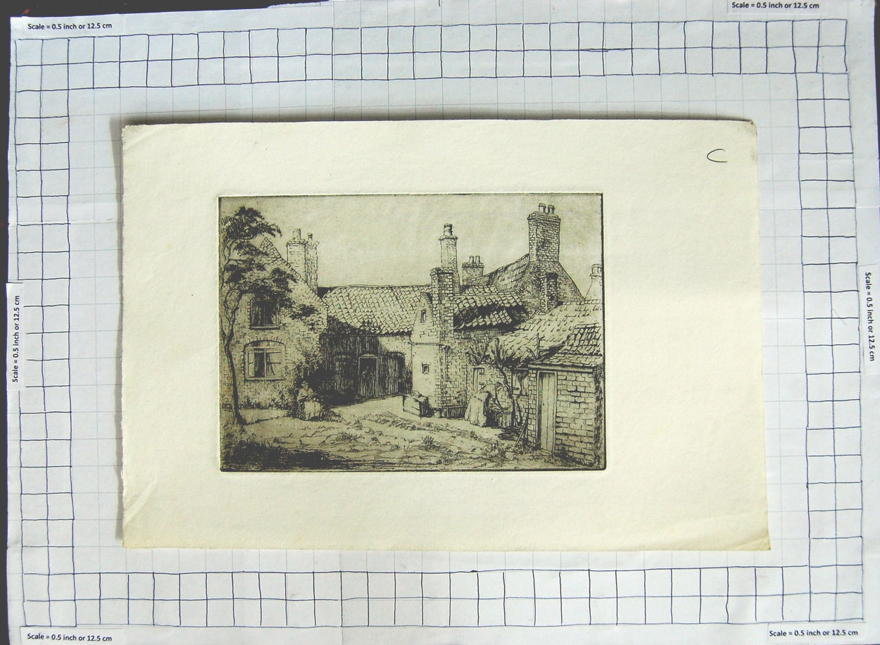 Original Old Antique Print Farm House Scene Ladies Trees