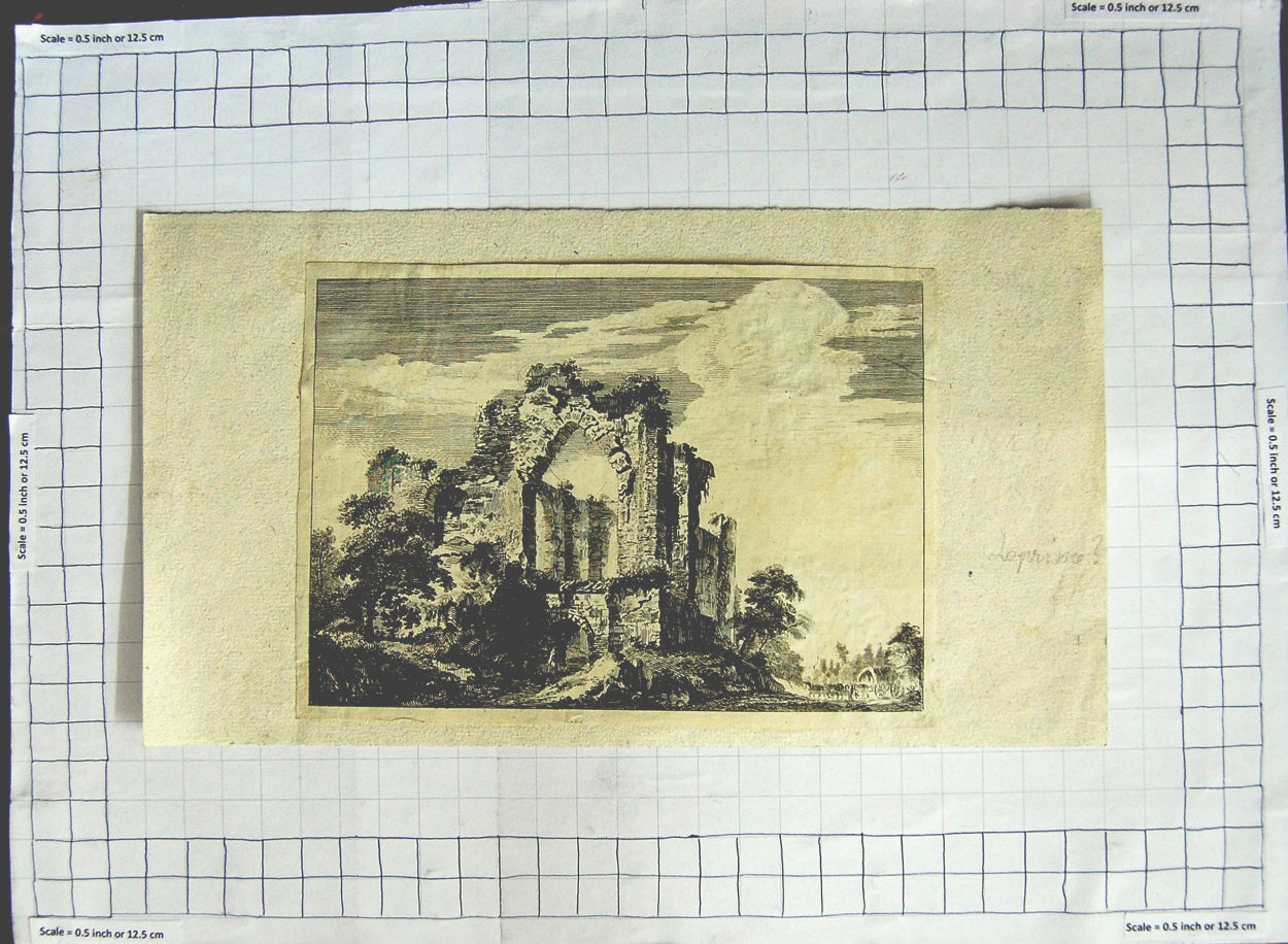 Original Old Antique Print Ruins Castle Architecture Trees