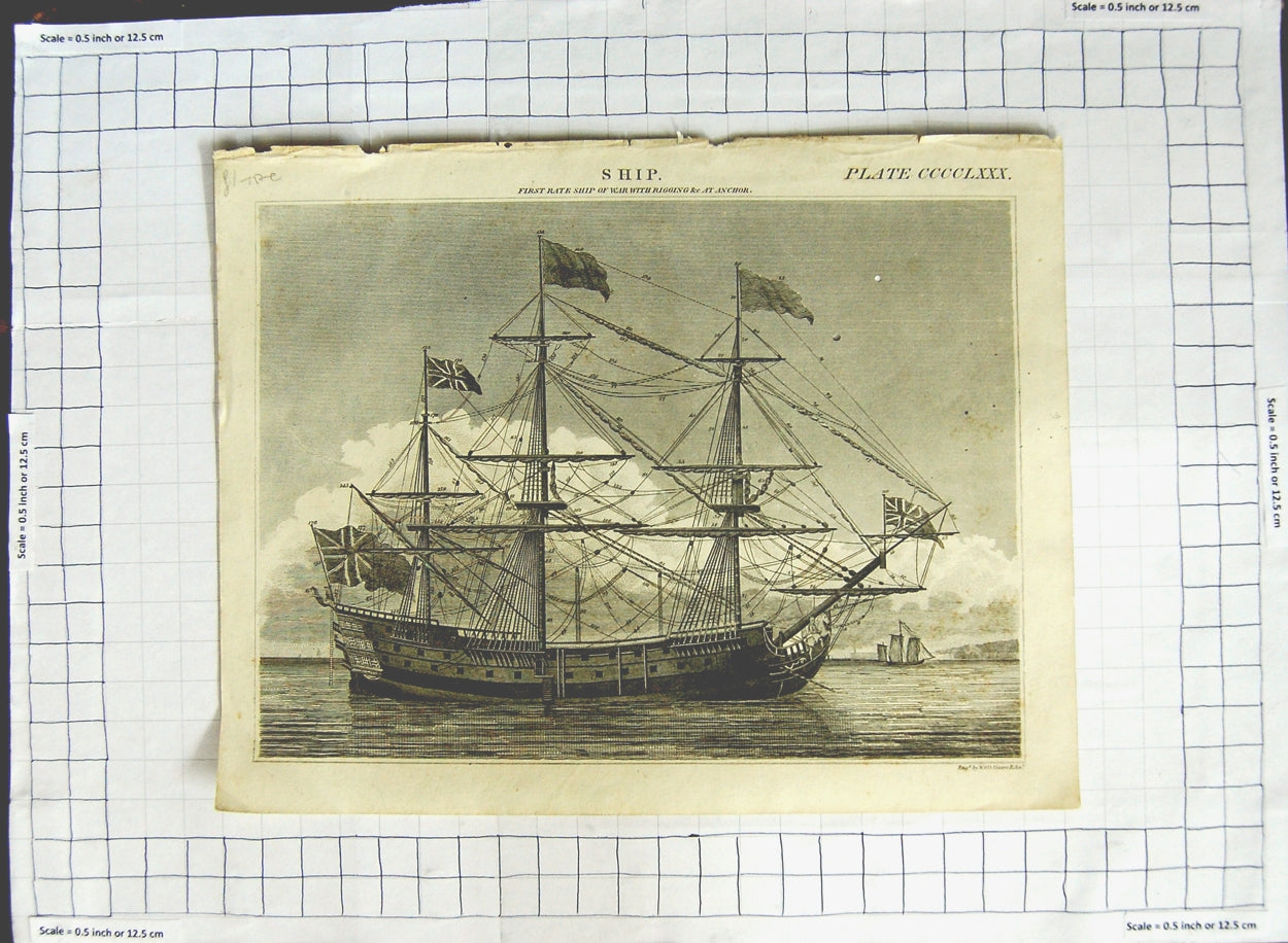 Original Old Antique Print First Rate Ship War With Riggings Lizars Edinburgh