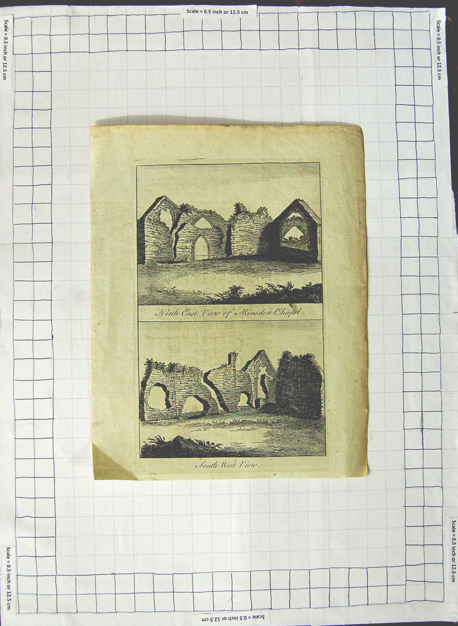 Original Old Antique Print North South East View Minsden Chapel Ruins
