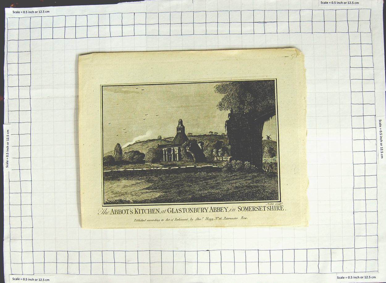 Original Old Antique Print The Abbot'S Kitchen Glastonbury Abbey Somersetshire