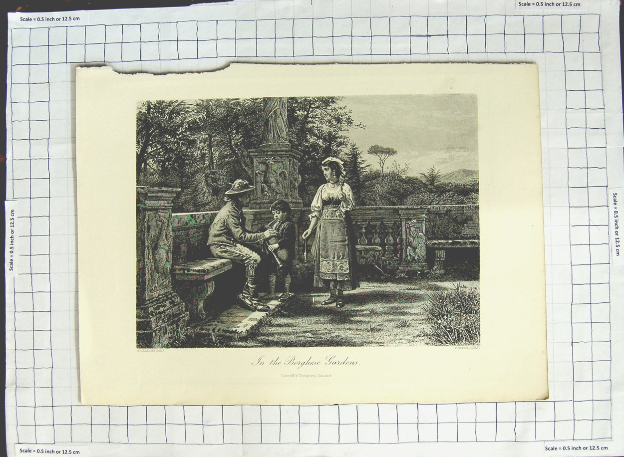 Old Antique Print Family Scene In The Borghese Gardens Kilburne Joubert