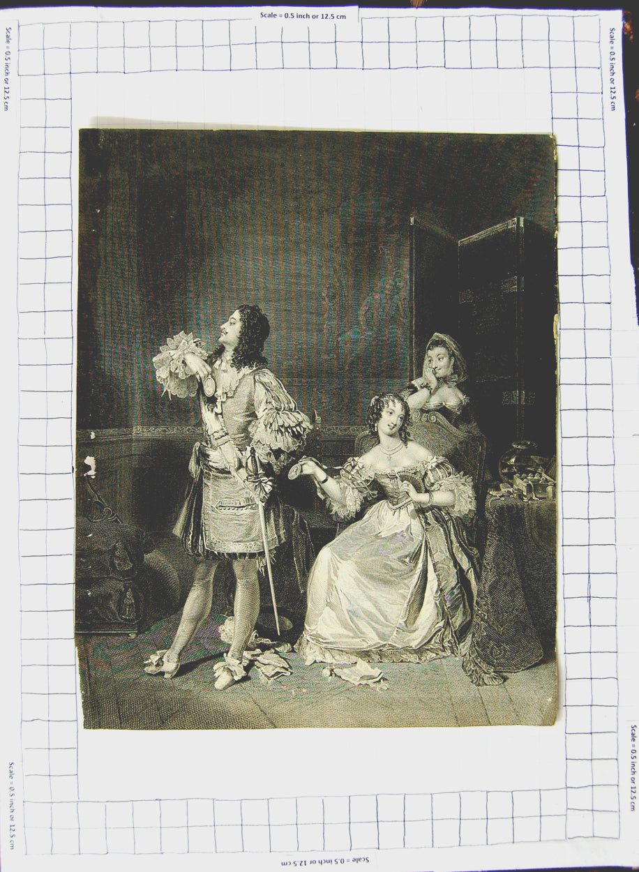 Original Old Antique Print Man Ladies Romance Fashion Dresses