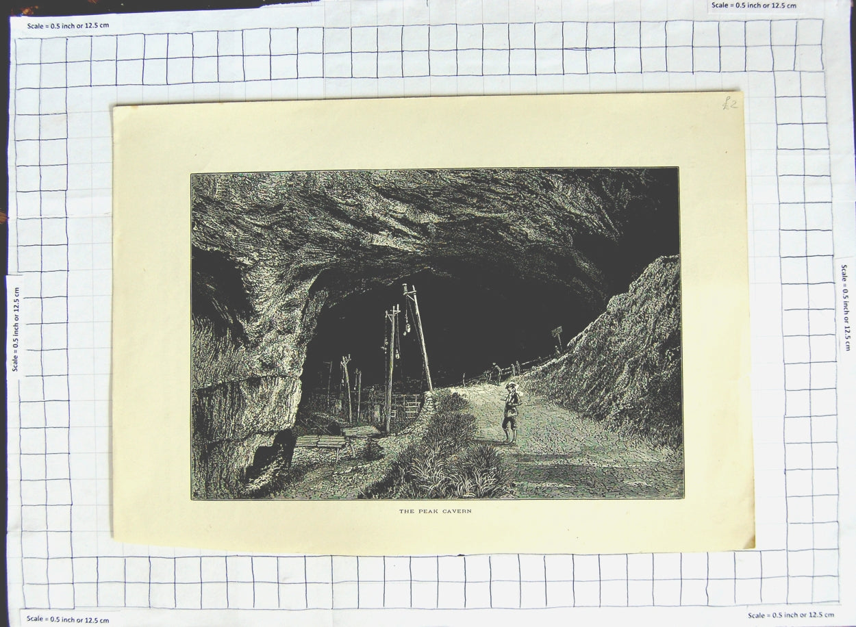 Original Old Antique Print View Peak Cavern Man Derbyshire