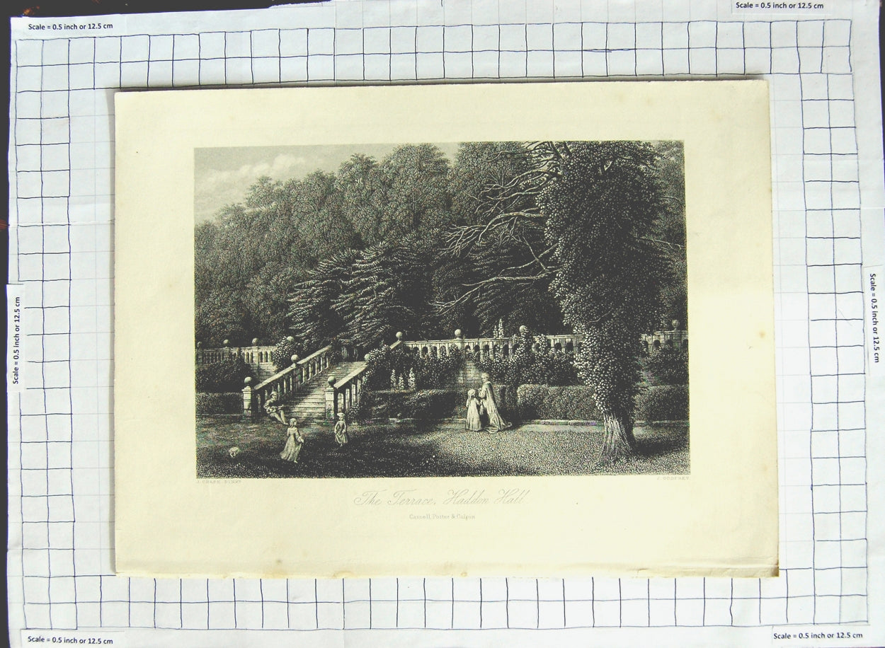 Old Antique Print View Terrace Haddon Hall Trees Engraving Chase Godfrey