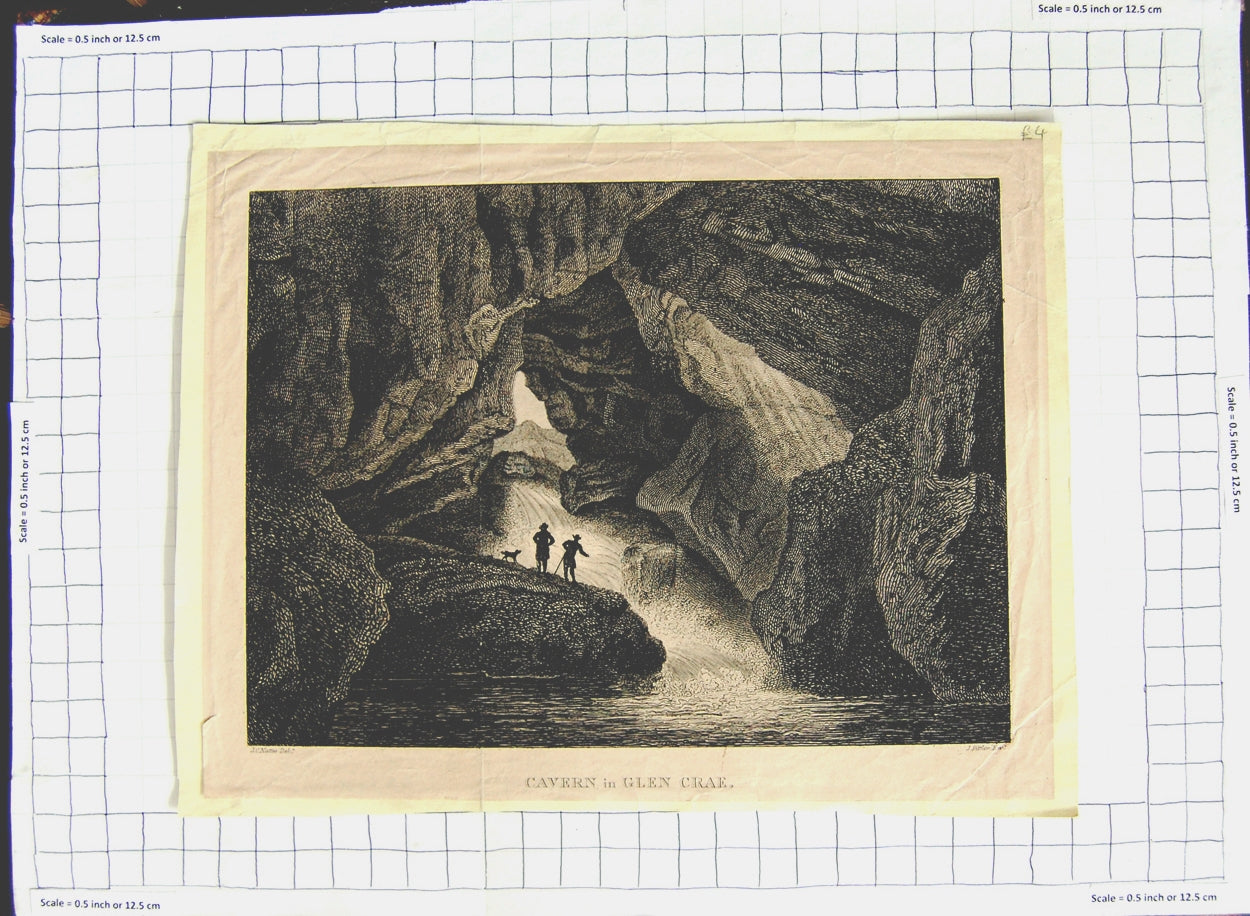Original Old Antique Print View Cavern Cave Glen Crae Waterfall