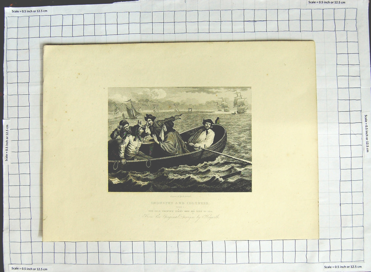 Original Old Antique Print Hogarth Engraving Men Boat Ship Industry Idelness