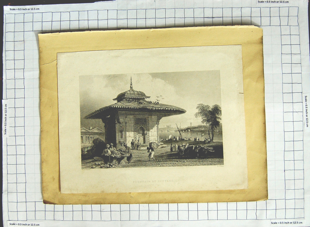 Original Old Antique Print Fountain Scutari Building Artist Bartlett Wallis