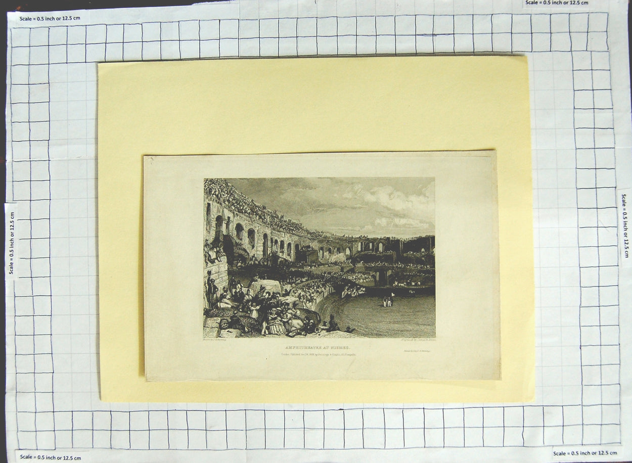 Original Old Antique Print Amphitheatre Nismes 1835 Harting Allen Engraving