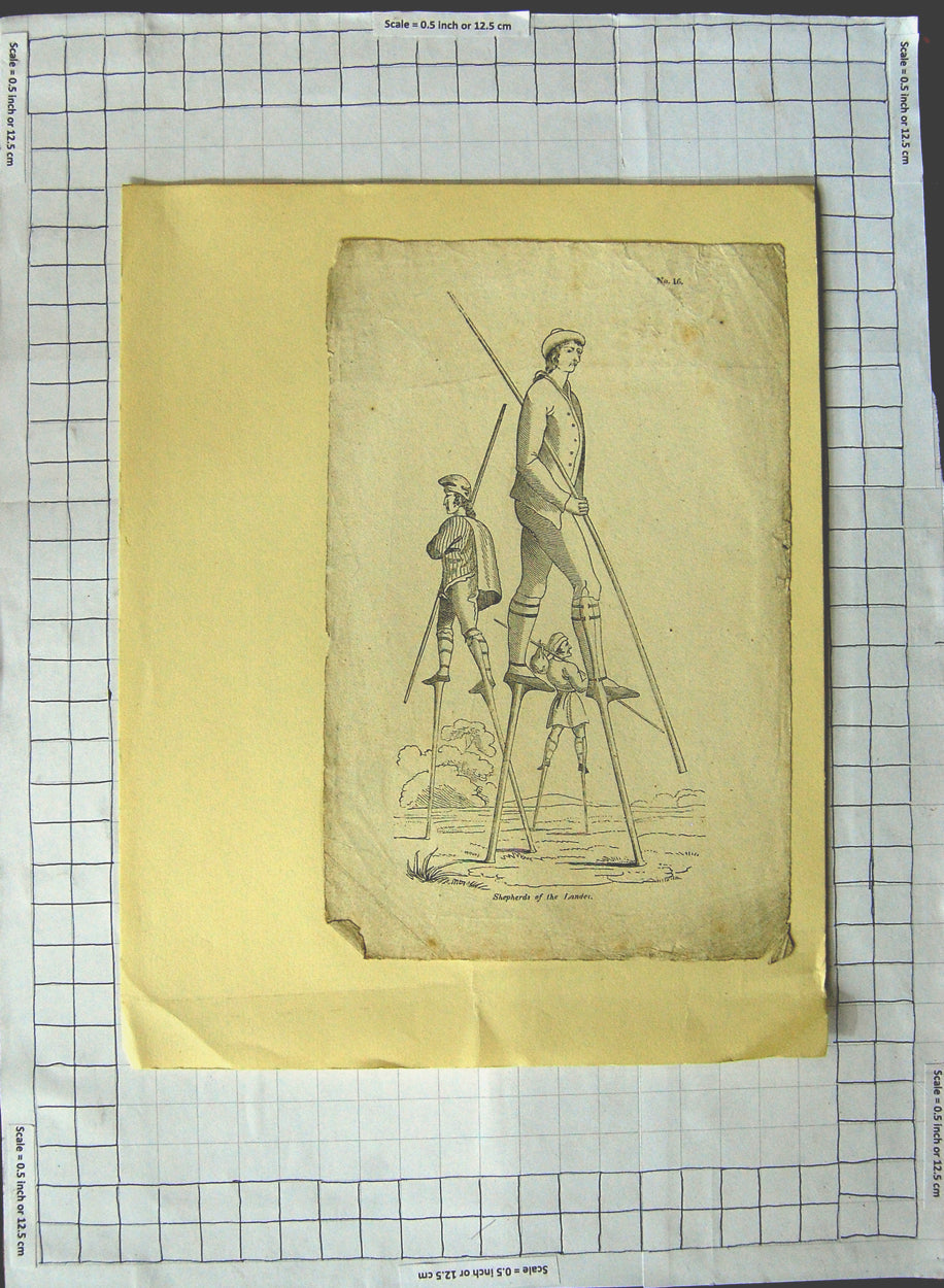 Original Old Antique Print Sketch Shepherds The Landes Men Sticks