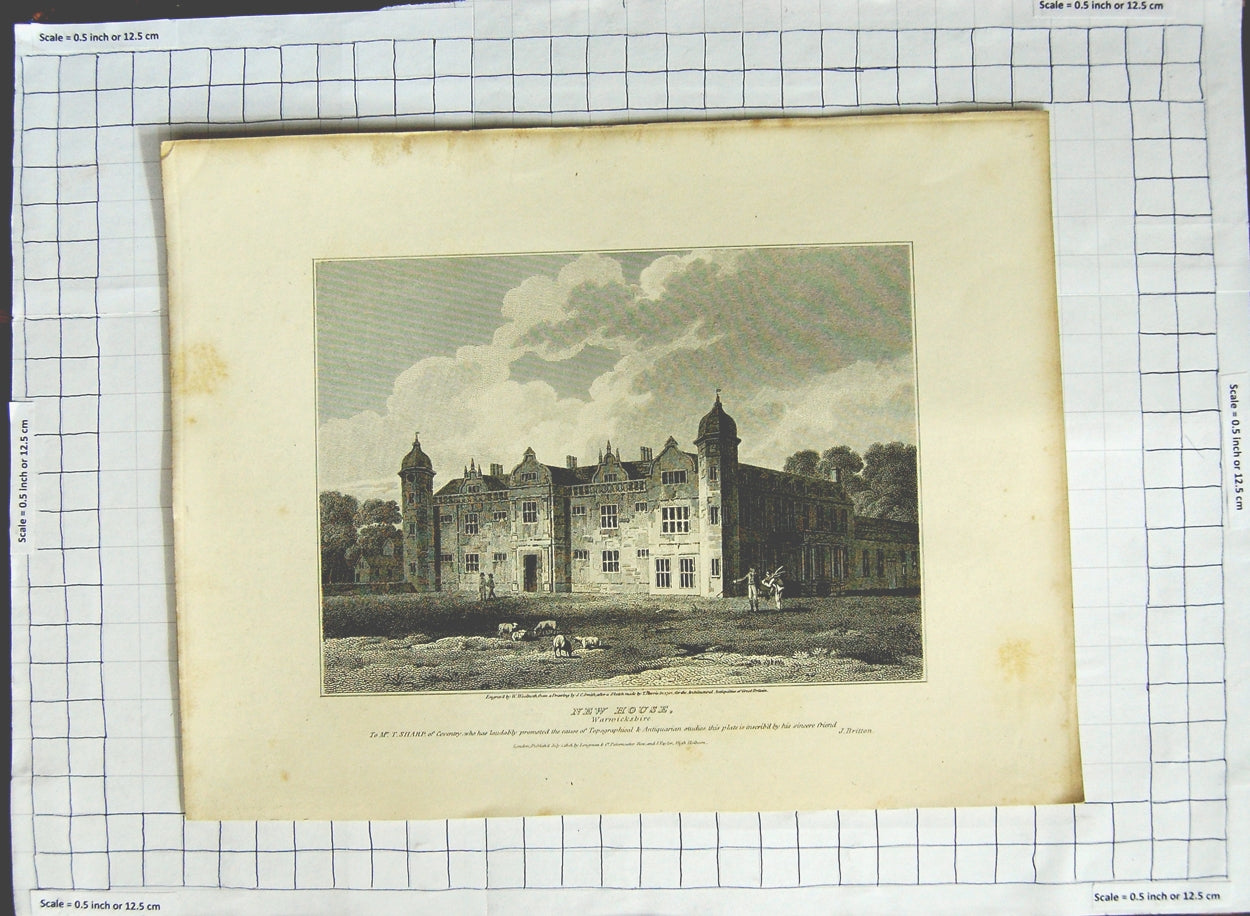 Old Antique Print 1808 New House Warwickshire Architecture Woolnoth Smith 19th