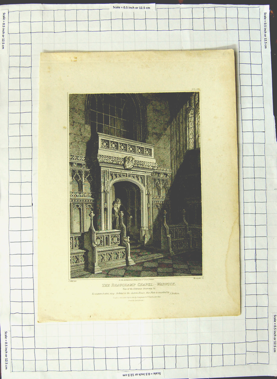 Original Old Antique Print 1812 Beauchamp Chapel Warwick Architecture Woolnoth