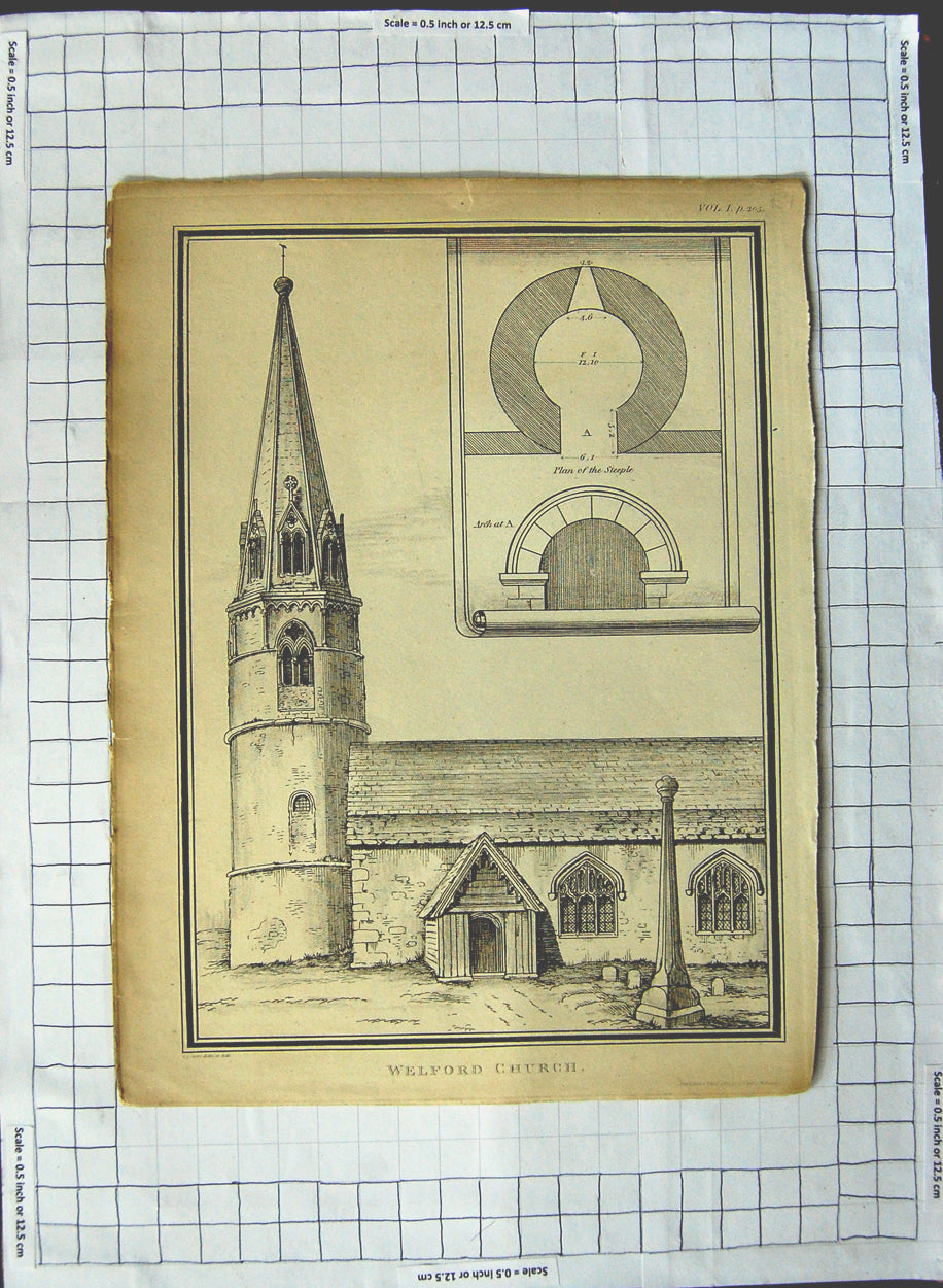Old Antique Print Architecture Welford Church Graves Plan Steeple Lyons