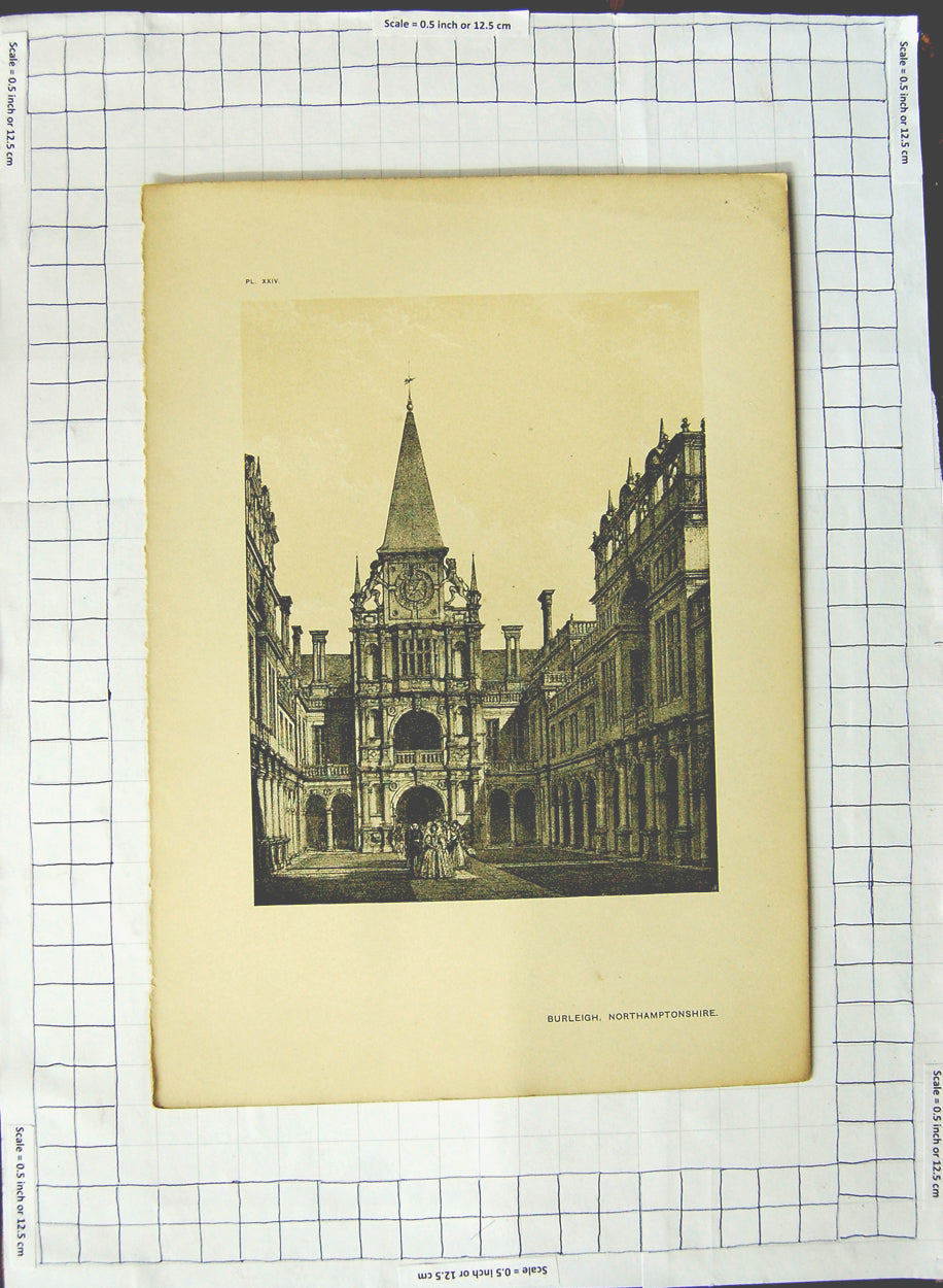 Original Old Antique Print Burleigh Northamptonshire Architecture