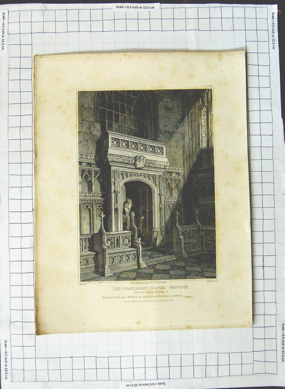 Original Old Antique Print 1812 Beauchamp Chapel Warwick Wild Woolnoth Artist
