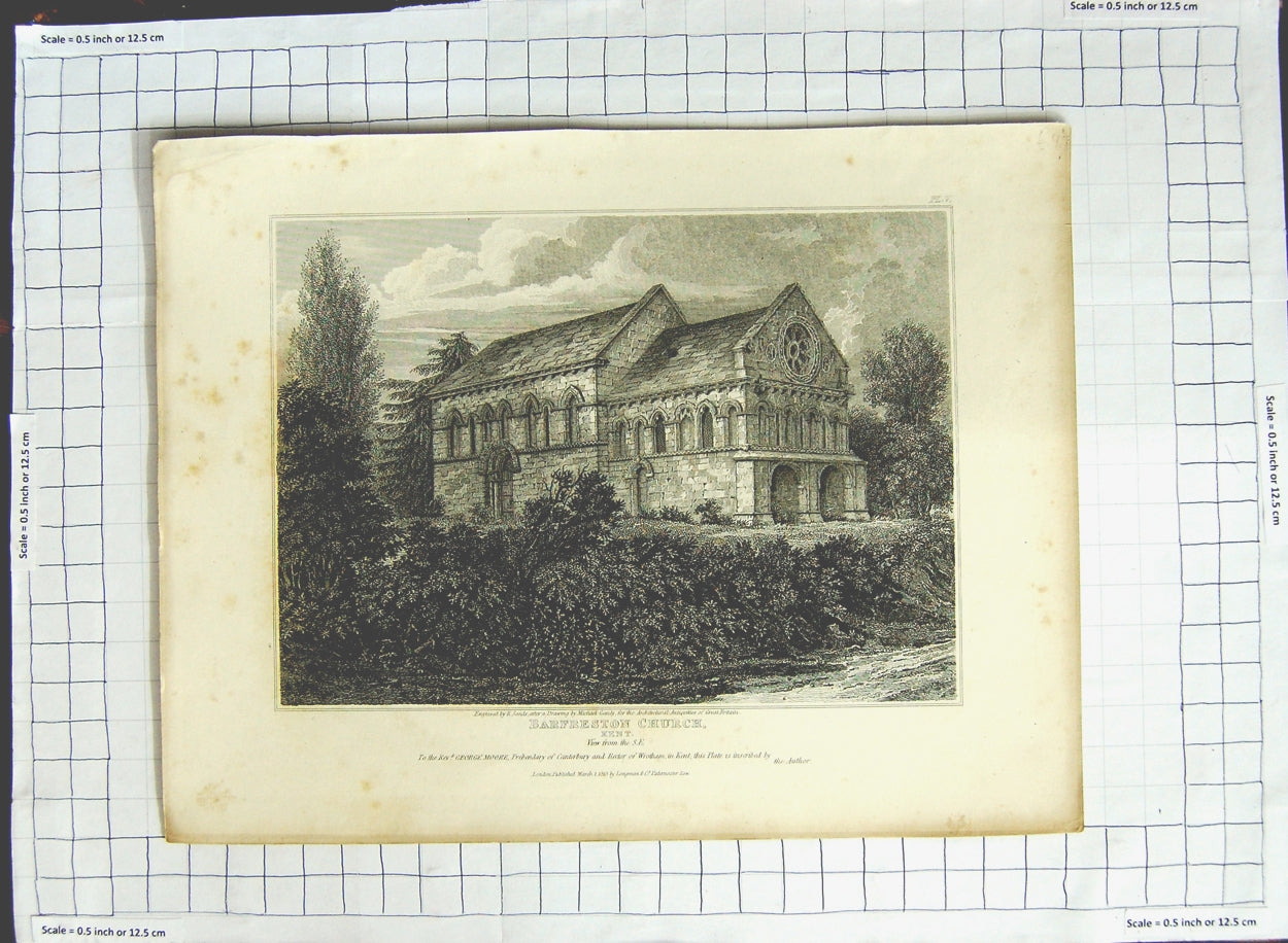 Original Old Antique Print 1813 View Barfreston Church Kent Sands Gandy Artist