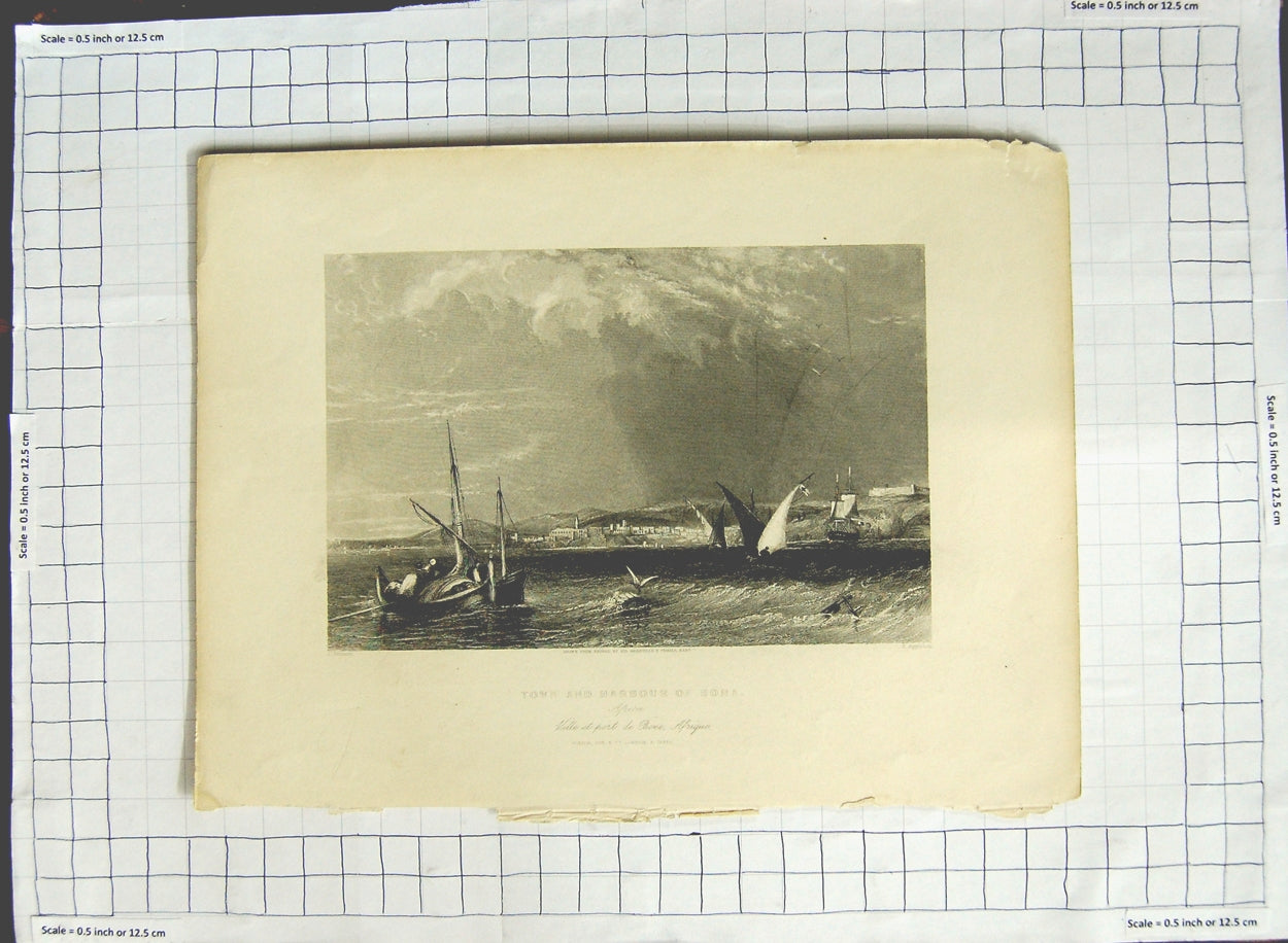 Original Old Antique Print View Town Harbour Bona Africa Salmon Appleton 20th