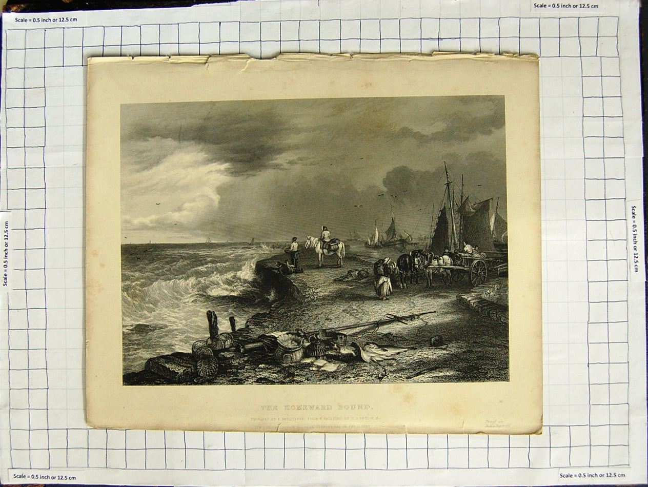 Original Old Antique Print Engraving Fishing Boats Women Horses Sea Beach