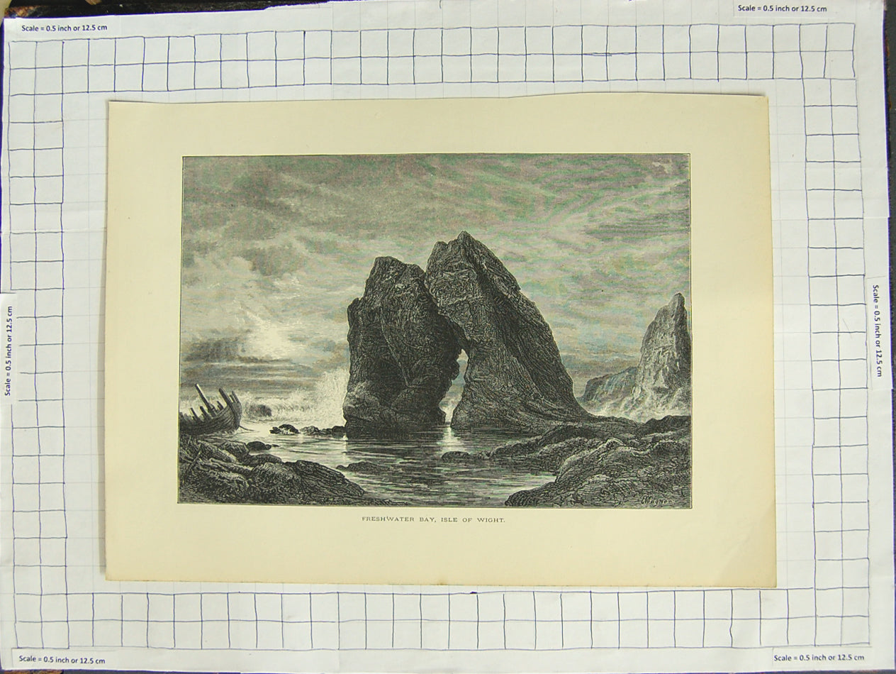 Original Old Antique Print Freshwater Bay Isle Wight Rocks Sea