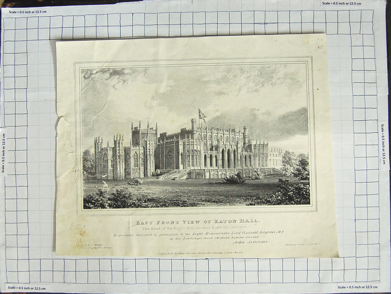 Old Antique Print East Front View Eaton Hall Earl Grosvenor Architecture