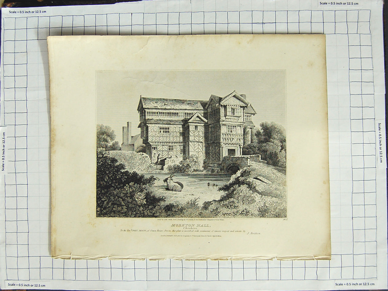 Original Old Antique Print 1808 Moreton Hall Cheshire John Smith Cowan 19th