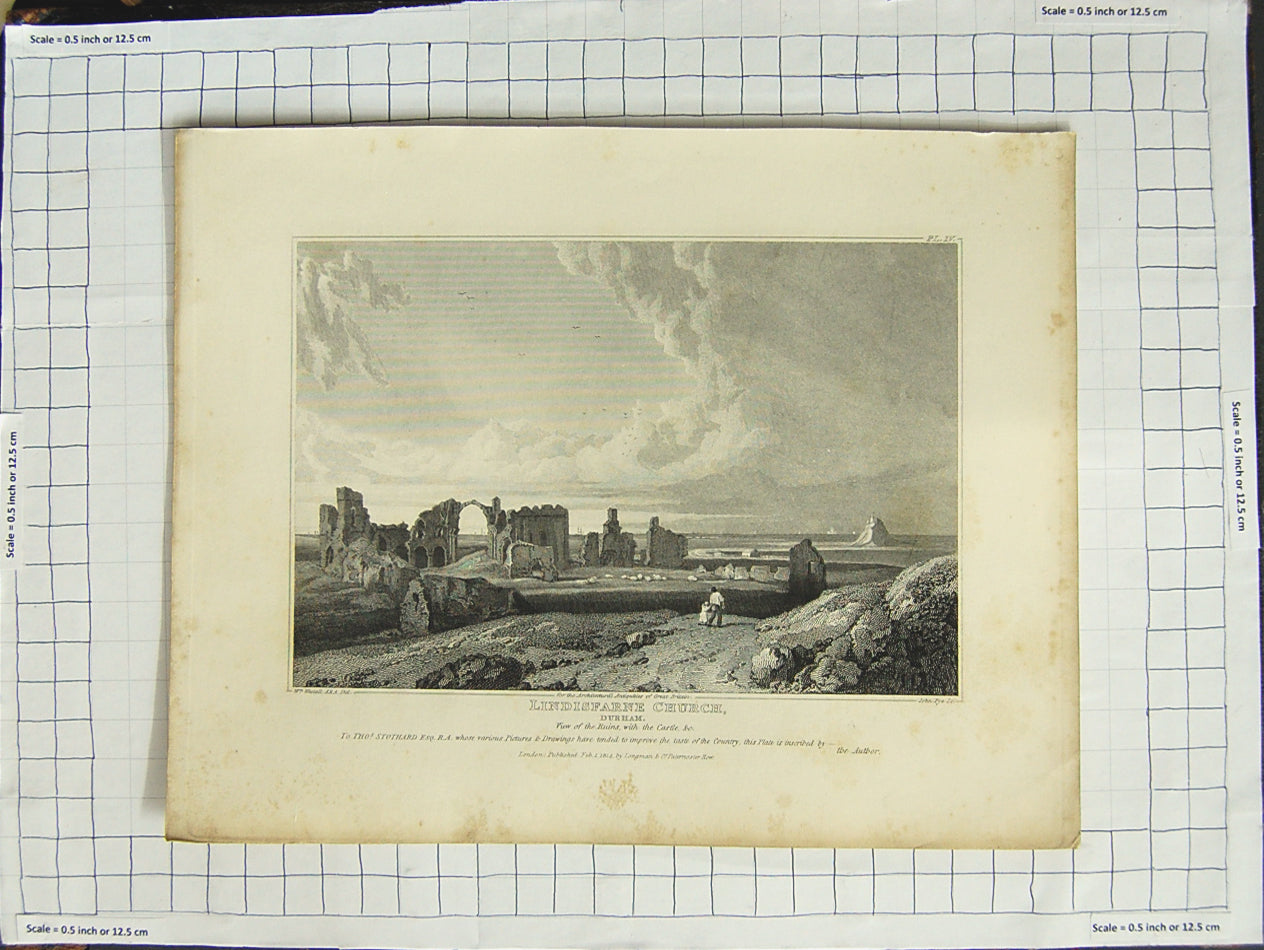 Original Old Antique Print 1814 Ruins Lindisfarne Church Durham Westall Pye
