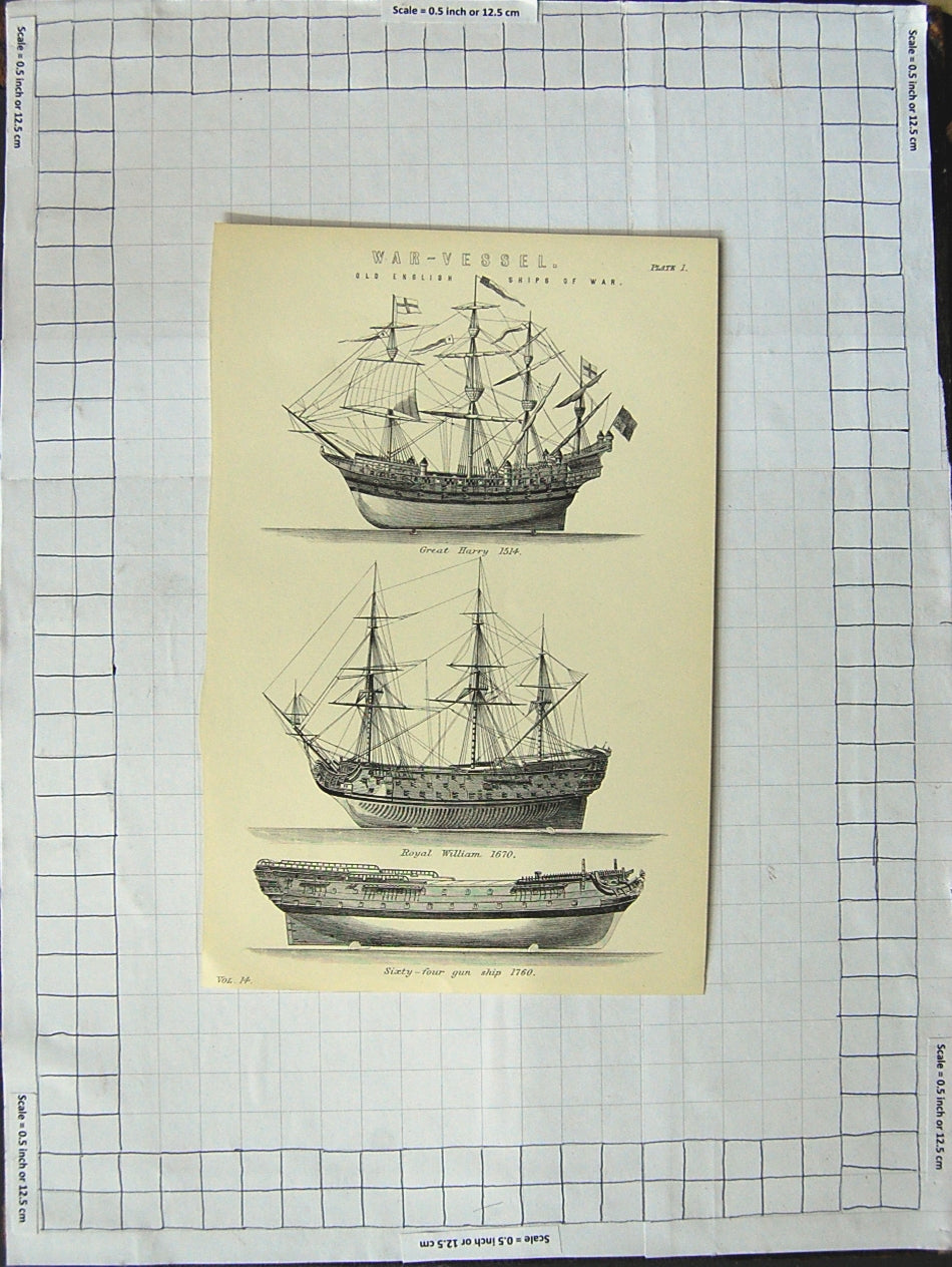 Old Antique Print English War Ships Great Harry 1514 Royal William 1670