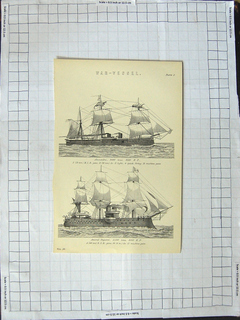Original Old Antique Print War Ships Alexandra Amiral Duperre Machine Guns