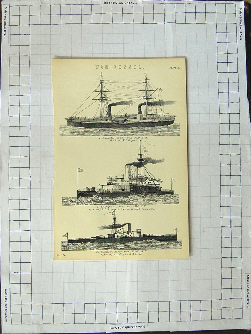 Original Old Antique Print War Ships Iflexible Guns Collingwood Trafalgar