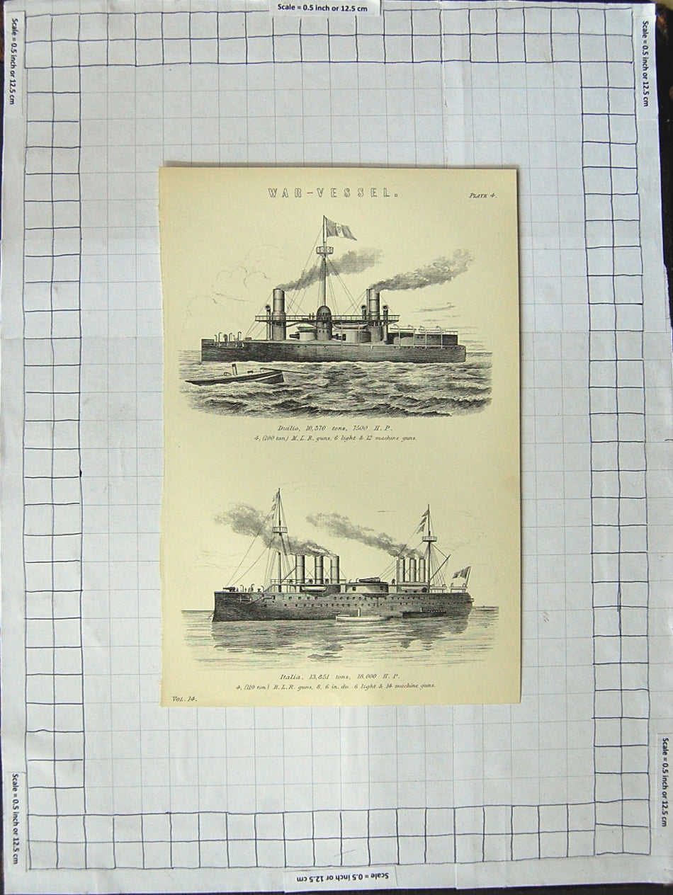 Original Old Antique Print War Ships Duilio Machine Guns Italia