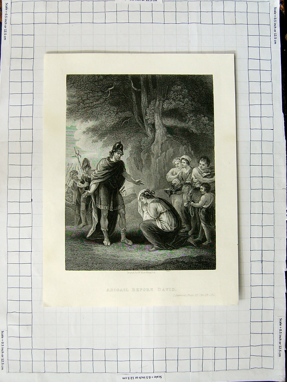 Original Old Antique Print Religion Scene Abigail Before David Samuel Hamilton