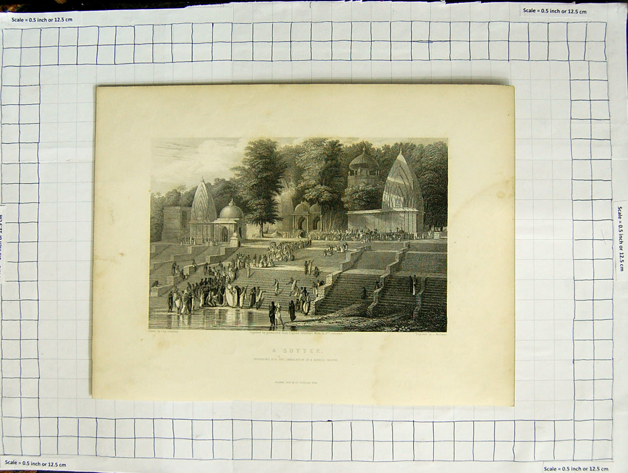 Original Old Antique Print 1844 Suttee Immolation Hindoo Widow Grindlay Redaway