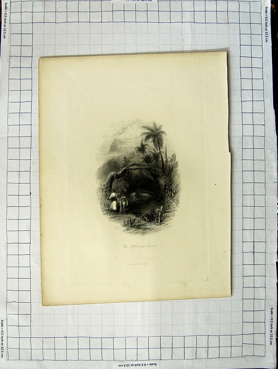 Original Old Antique Print Engraving Missionary'S Grave Trees