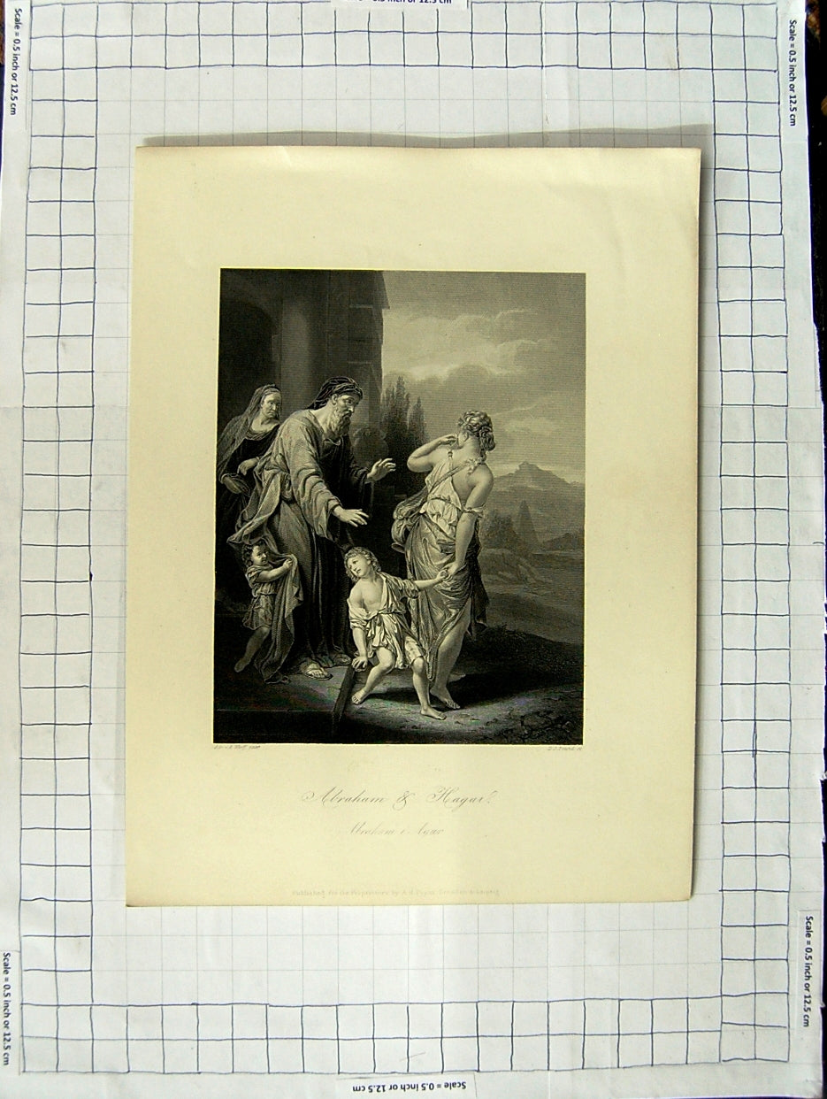 Original Old Antique Print Engraving Abraham Hagar Religion