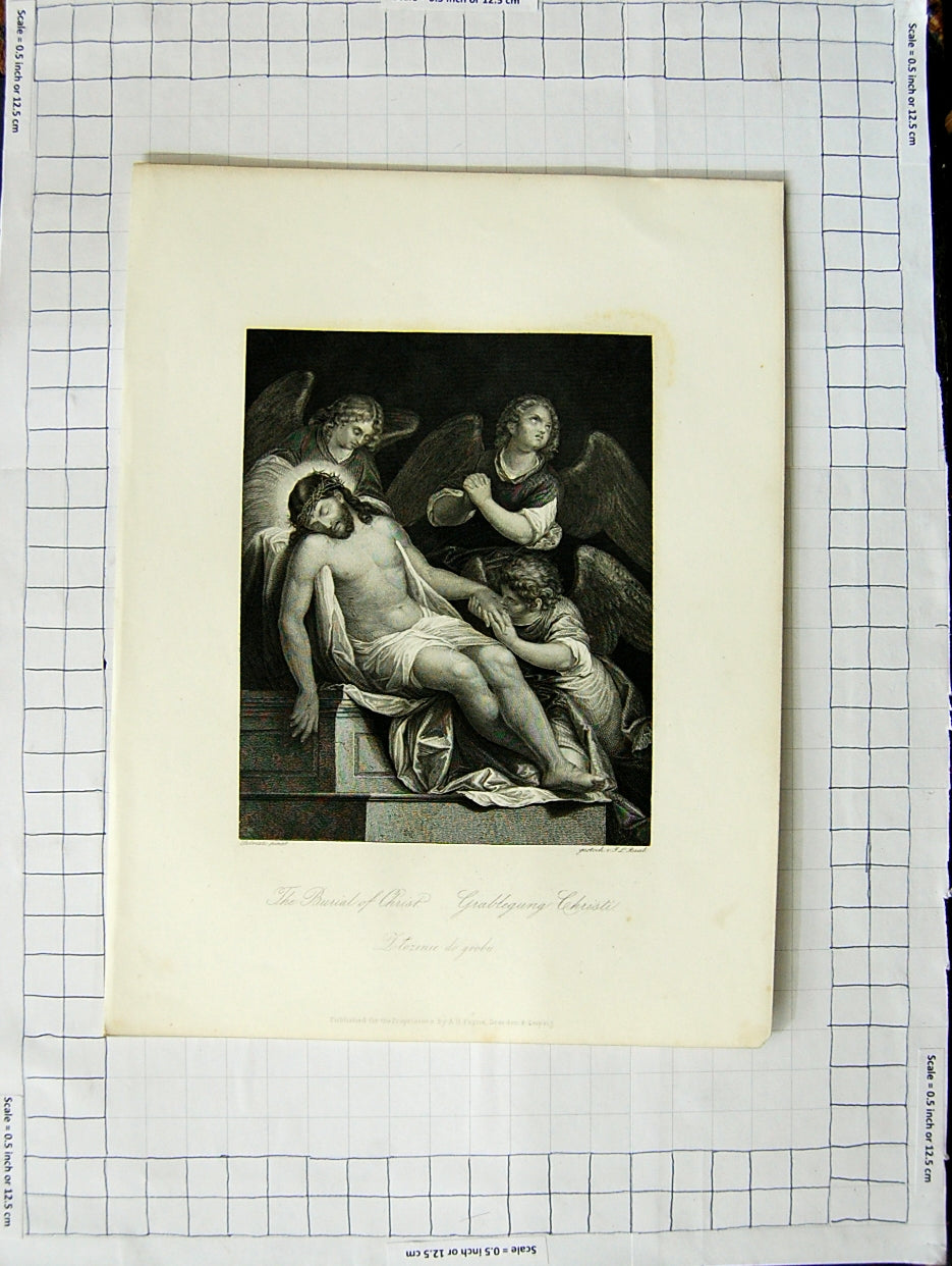Original Old Antique Print Scene Burial Jesus Christ Engraving