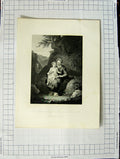 Original Old Antique Print Engraving Mother Baby Country Trees