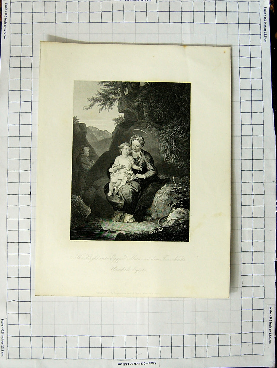 Original Old Antique Print Engraving Mother Baby Country Trees