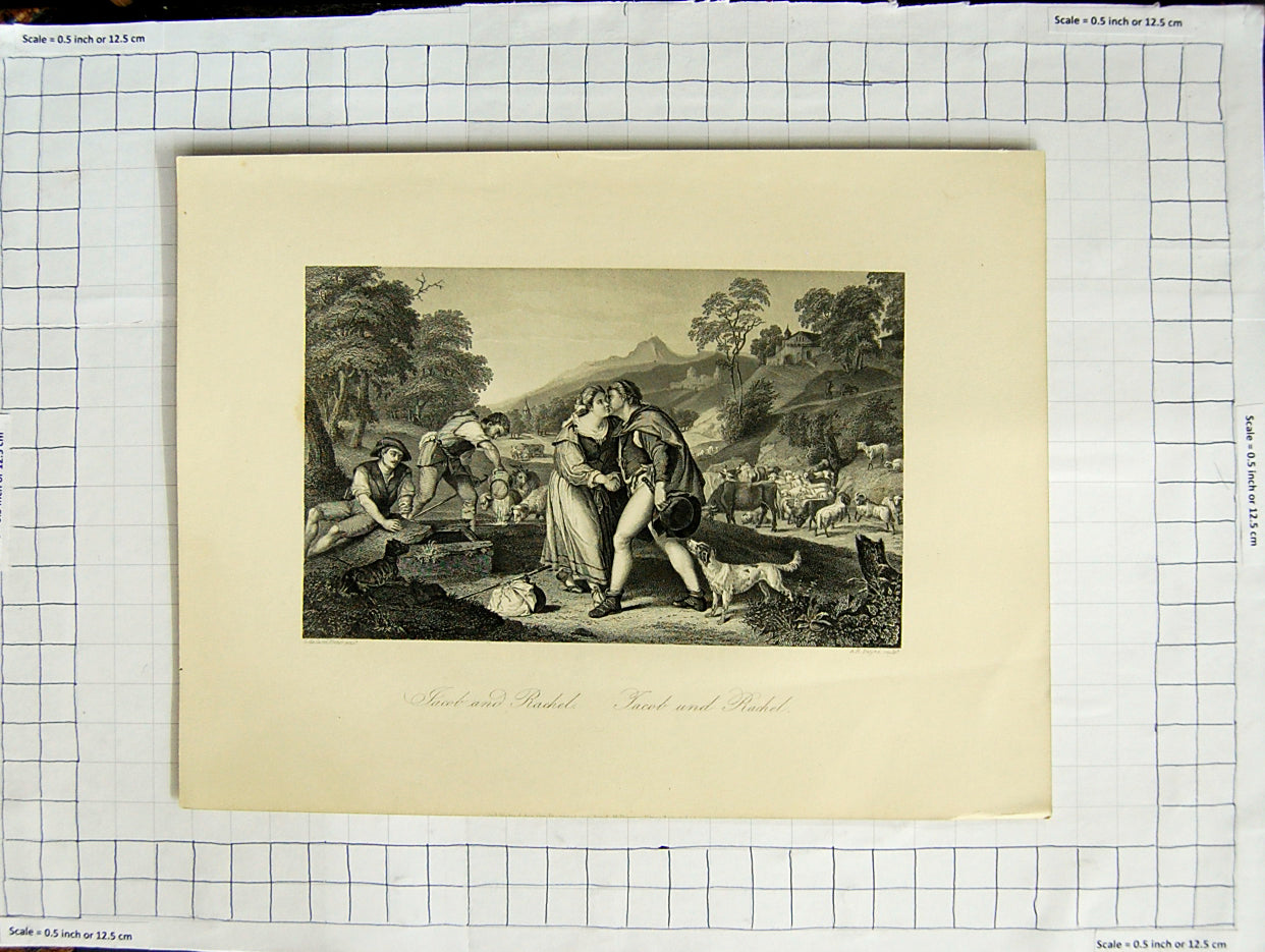 Original Old Antique Print Engraving Scene Romance Jacob And Rachel